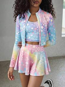 SHEIN 兒童青少年女孩彩虹星星印花針織三件套：長袖半高領拉鍊上衣、露背細肩帶背心與迷你裙褲，返校穿搭 - 彩色 - 查看 3