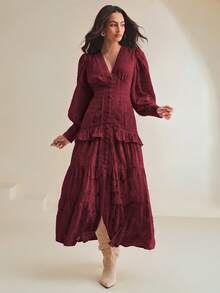 Anewsta V-Neck Puff Sleeve Cinched Waist Elegant Dress Maxi Women Outfit - Burgundy - View 3
