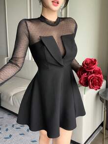 Dazy Tall Women's Round Neck Mesh Patchwork Waist-Cinched Elegant Short Dress Fall - Black - View 5