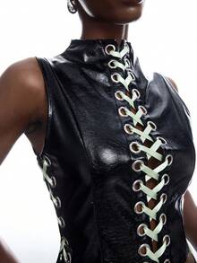 LYSMO Women's Eyelet Strap PU Leather Cropped Fashion Vest - Black - View 4