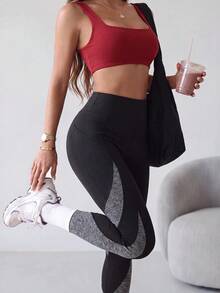 SHEIN Sports Women's Colorblock High Waist Sports Leggings With Pockets - Multicolor - View 7