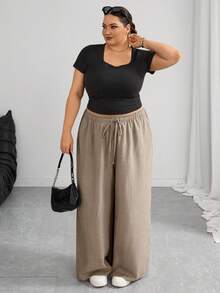 SHEIN CURVE+ 秋季休閒寬鬆長褲，音樂節、返校季，綁帶腰部，2026冬季 22W - 杏色 - 查看 7