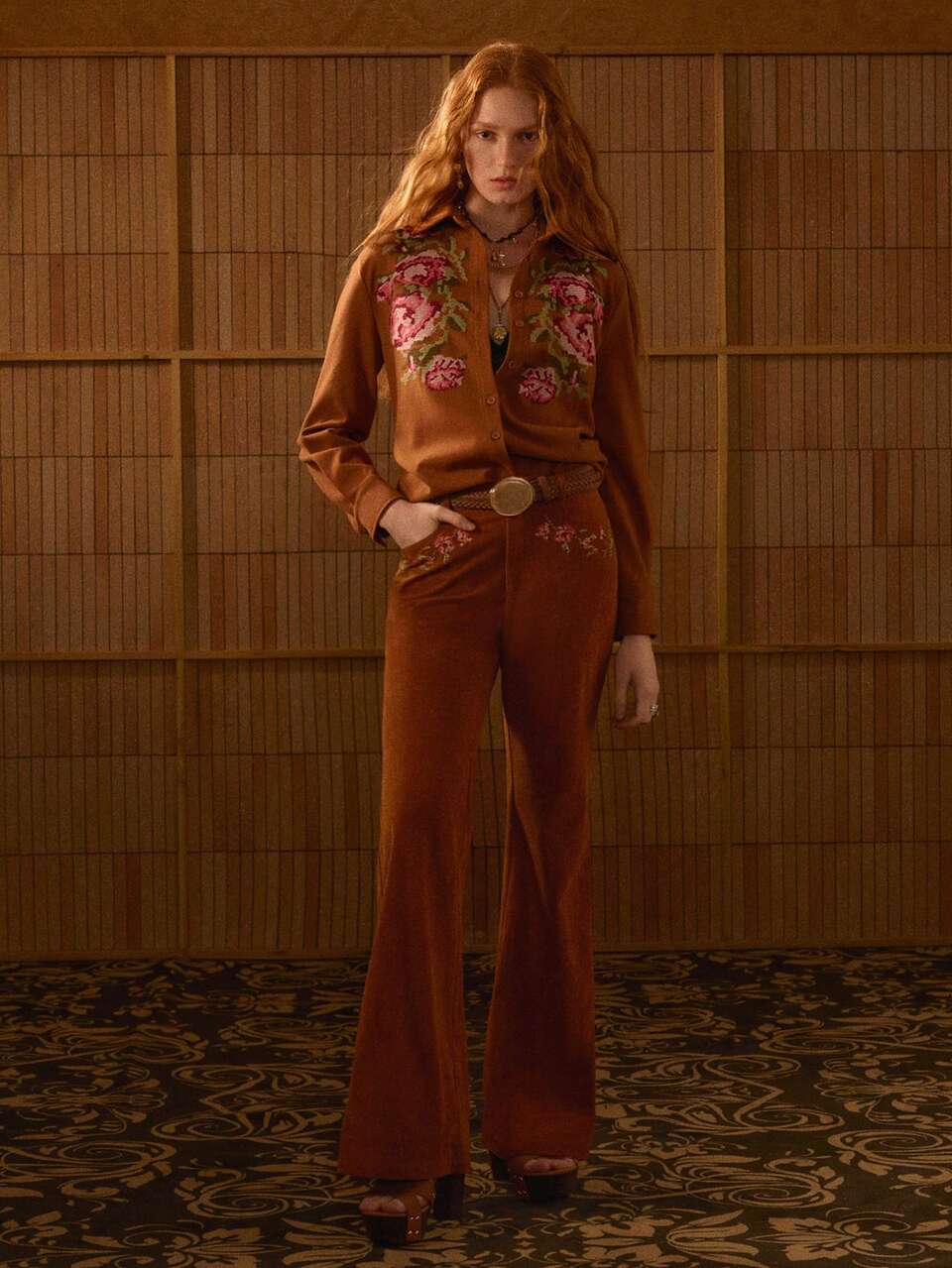MOTF STUDIO VINTAGE CORDUROY FLORAL EMBROIDERED FLARE LEG PANTS
