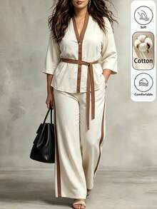 Linhara CURVE Plus Size Women's Spring/Autumn Minimalist Button Contrast Color Tie Long Sleeve Top And Striped Casual Loose Pants 2-Piece Set, Suitable For Daily Wear, Casual And Elegant - Multicolor - View 1