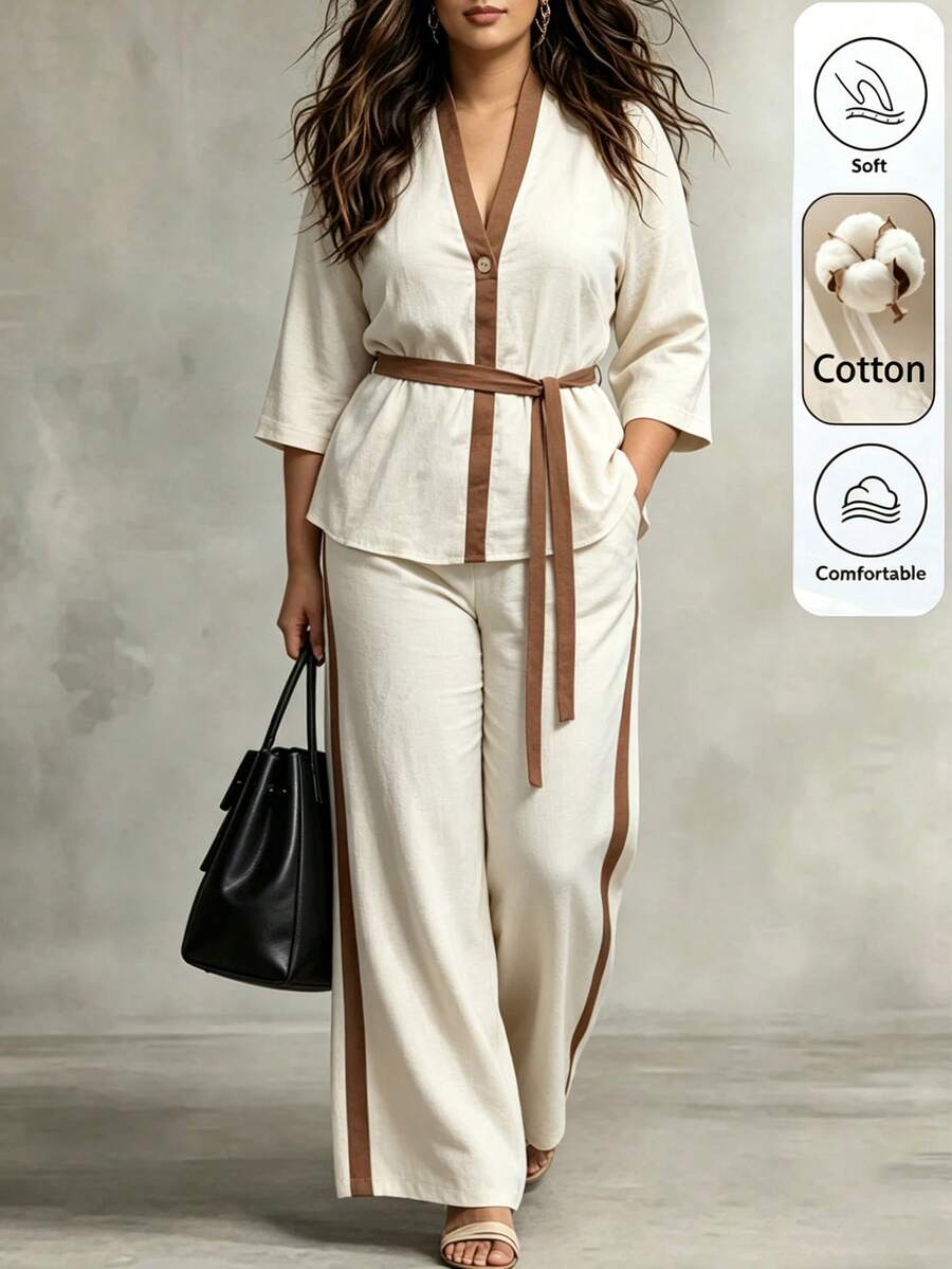 Linhara CURVE Plus Size Women's Spring/Autumn Minimalist Button Contrast Color Tie Long Sleeve Top And Striped Casual Loose Pants 2-Piece Set, Suitable For Daily Wear, Casual And Elegant - Multicolor - View 1