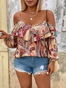 Breezaya Plus Size Cashew Flower Paisley Print Open Shoulder Ruffle Camisole Puff Long Sleeve Blouse For Women, Flattering Vacation Style Floral Shirt Fall - Multicolor - View 6