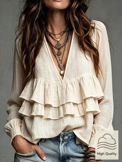 LUMIGAL Blusa de mujer estilo francés con doble capa de volantes y cuello en V de lino sintético, blusa de manga larga con atmósfera relajada, top de estilo bohemio con cuello en V profundo y volantes en capas, camisa de lino de manga larga relajada, blusa de volantes estilo vintage de vacaciones