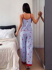 Napfluff V-Neck Striped Heart Print Camisole & Long Pants Pajama Set - Multicolor - View 2