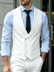 Manfinity Mode Men's White Deep V-Neck Versatile Classic Double-Breasted Design Business Casual Home Commute Daily Suit Vest - White - View 1