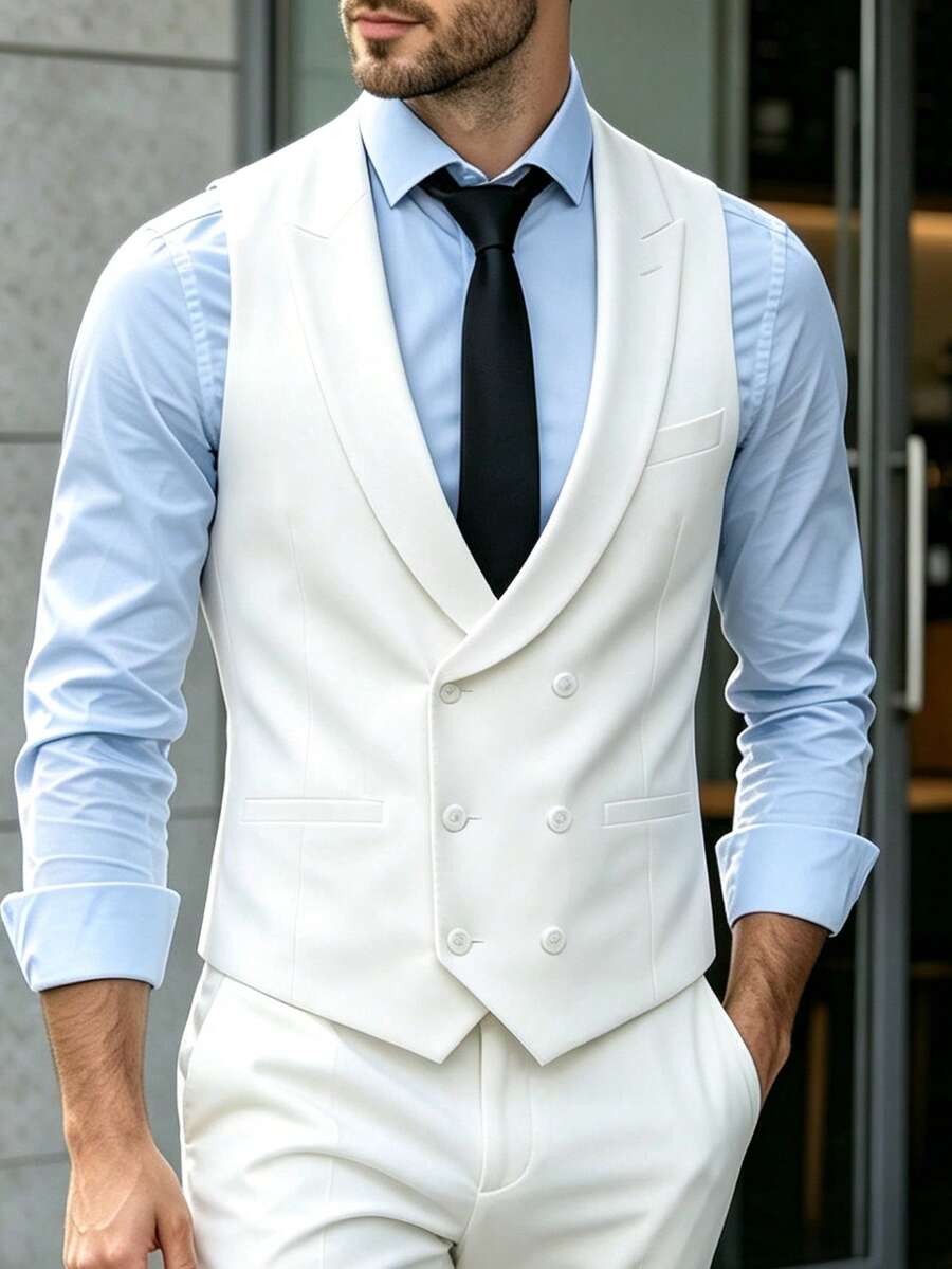 Manfinity Mode Men's White Deep V-Neck Versatile Classic Double-Breasted Design Business Casual Home Commute Daily Suit Vest - White - View 1