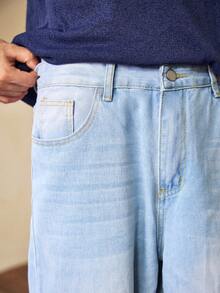 Whitmere Men's Y2K Solid Color Washed Denim Long Pants, Straight Leg Casual Loose Wide Leg Pants - Blue - View 7