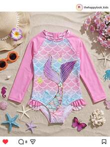 THE HAPPY LOOK Young Girls T-Shirt Co-Ords Baby One-Piece Swimsuit Long Sleeve Colorblock Raglan Sleeves Mermaid Print Ruffle Hem Ocean Print Pink Multicolor Cute Style Cute Print Vacation Style Suitable For Baby Spring Summer Outings Spring Trips Vacation Pool Beach Sand Baby Swimwear - Multicolor - View 3