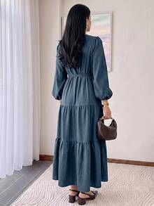 Solavon 女款秋季休閒端莊優雅純色長洋裝 早午餐穿搭 石板藍 - 藍色 - 查看 6
