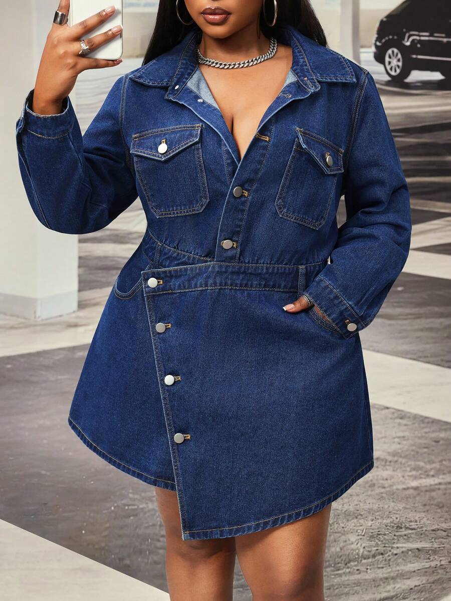 Slaydiva Women's Plus Size Fashion Single-Breasted Asymmetrical Long Sleeve Mini Dress, Autumn - Dark Wash - View 1