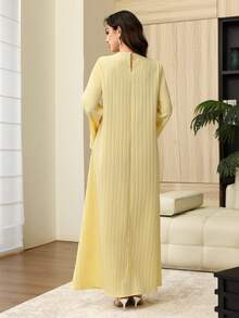 Yasmyna Sequin 3D Floral Decor Round Neck Bell Sleeve Elegant Arabian Dress - Yellow - View 2