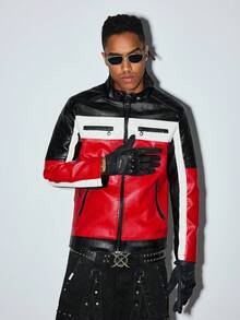 Modcrash Men Long Sleeve Color Block Zipper Jacket, Fall/Winter Fall/Autumn/Winter - Red - View 4