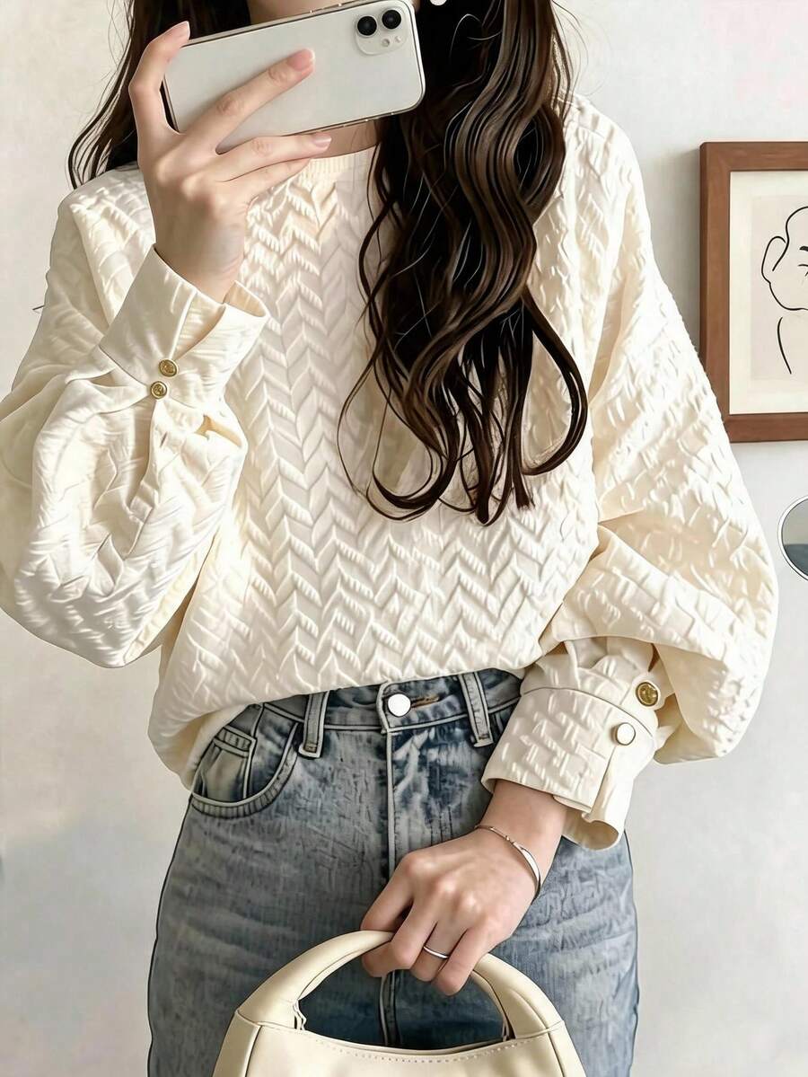 FRIFUL Atasan Wanita Model Korea Terbaru untuk Awal Musim Gugur, Terbuat dari Kain Bertekstur, Kerah Bulat, dan Kancing di Manset, Lengan Panjang, dan Lucu - Krem - View 1