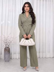Feyla Setelan Jas Baru Gaya Prancis dengan Desain Unik, Celana Panjang Model Mengembang dengan Ikat Pinggang Ramping, Cocok untuk Perjalanan Sehari-hari, Serbaguna, dan Elegan, Warna Hijau Muda. - Hijau - View 5