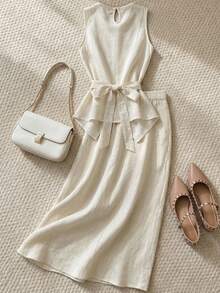 Resyla Women's Solid Color Pleated Top And Skirt Casual Daily Outfit Set - Apricot - View 2