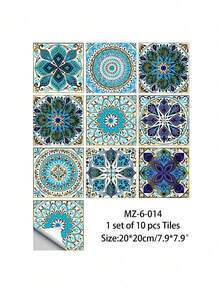 10pcs Self Adhesive Waterproof Oilproof Mildewproof Removable Tile Stickers Blue Purple Mandala For Bathroom Kitchen Shower Wall Home Decor - multicolor - View 7