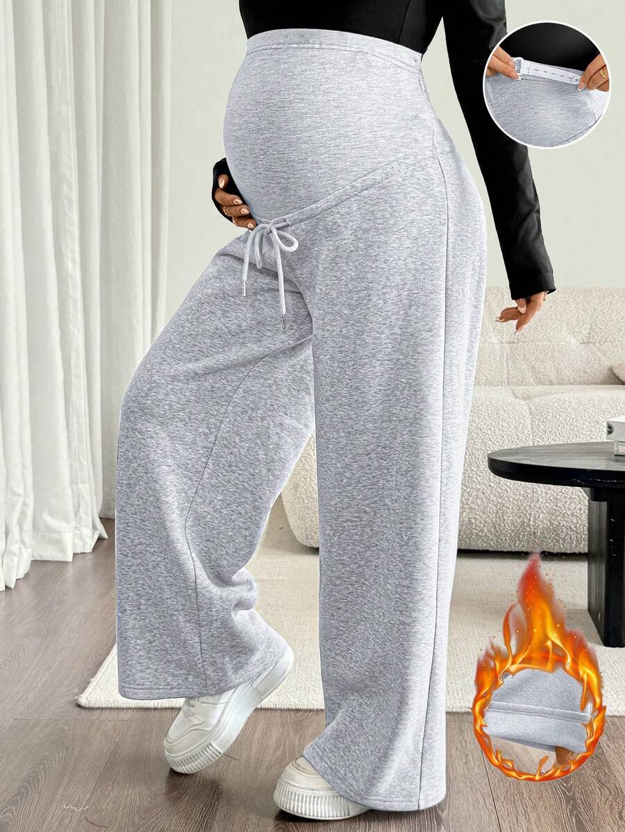 SHEIN Maternity Solid Color Adjustable Waist Casual Versatile Daily Wear Sweatpants - Grey - View 1