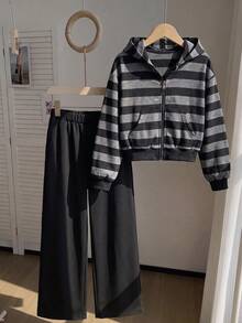 SHEIN 青少年女孩2件套，拉鍊連帽衫寬腿黑色長褲，復古，寬鬆，針織，休閒，秋季，拉鍊條紋連帽衫，外套，夾克，波點 - 彩色 - 查看 7