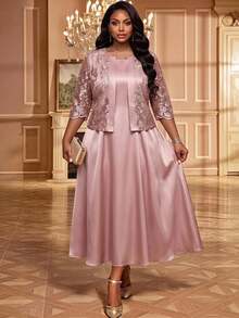 Fleurora Elegant Plus-Size Two Pieces Set: Jacquard Open-Front Cardigan With Mid-Length Sleeves And Matching Dress Birthday Dress Pink Dress Date Night Dress - Dusty Pink - View 4
