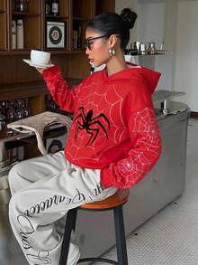 SHEIN EZwear 女款休閒寬鬆運動衫，蜘蛛印花，秋冬服飾 - 彩色 - 查看 8