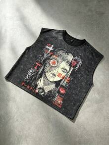 ROMWE MEN Street Life Men's Summer Casual Cartoon Print Tank Top - Black - View 5