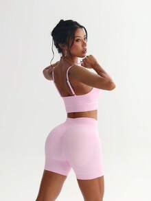SHEIN Dewbera Women's Seamless Yoga Sports Set Colorblock Sports Bra And Tight Shorts - Pink - View 2