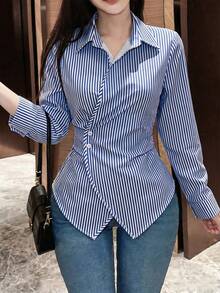 SHEIN 女款素色長袖裹身式襯衫，春秋女式上衣 - 藏蓝色 - 查看 5