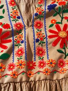 SHEIN LUNE CURVE 春夏度假休閒通勤優雅大尺碼仿刺繡印花洋裝 - 巧克力棕 - 查看 7
