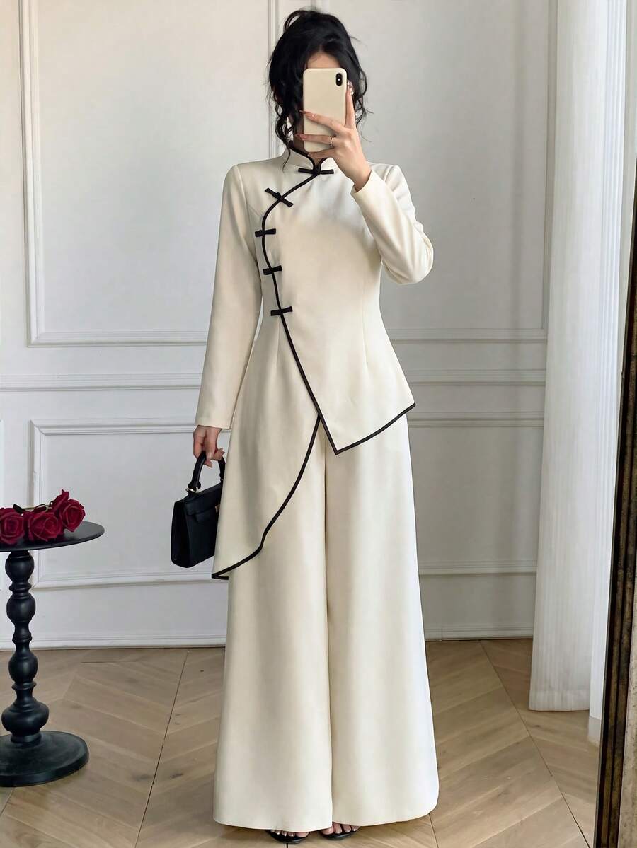 Celisse Women's Autumn/Winter Beige New Chinese Style 2 Pieces Set, Stand Collar Frog Button Asymmetrical Ruffle Hem Top And Wide Leg Long Pants - Apricot - View 1