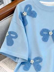 SHEIN EZwear 数码印花蝴蝶结铆钉T恤，新款蝴蝶结衬衫，大学蓝可爱上衣，休闲上衣，最新款女士加大码休闲简约圆领短袖T恤，适合夏季穿着 - 彩色 - 查看 4