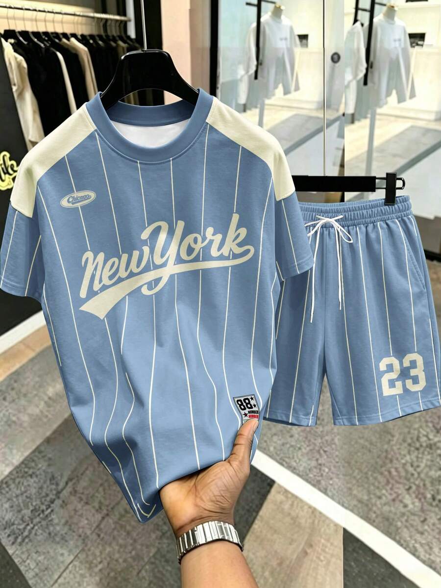 Chillumni NewYork No.23 深綠色條紋運動套裝,男士經典學院風休閒運動條紋短袖T恤與短褲套裝,中性學院風休閒運動套裝 - 彩色 - 查看 1