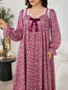 Lacomfia Women's Square Neck Long Sleeve Lace Bow Elegant Plus Size Dress - Multicolor - View 4