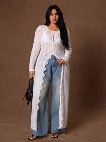 Rustia Plus Size Women's Long Sleeve Long Split Hem Slim Fit Lace Top For Early Autumn - White - View 7
