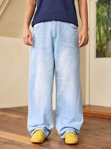Whitmere Men's Y2K Solid Color Washed Denim Long Pants, Straight Leg Casual Loose Wide Leg Pants - Blue - View 5