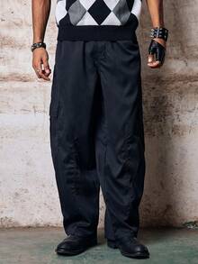 Skyrend Men's Spring/Autumn Casual Fashion Straight Leg Cargo Pants With Side Pockets And Button Closure For Outdoor Wear Grunge - Pure Black - View 6