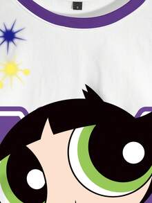 THE POWERPUFF GIRLS X SHEIN 女款字母與卡通印花休閒日常穿搭T恤 - 白色 - 查看 4