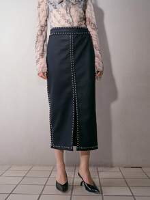 MOTF PREMIUM Rok PU Wanita dengan Desain Stud, Musim Gugur/Musim Dingin - Hitam - View 3