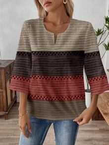 EMERY ROSE Plus Size Casual Color Block Splice Shirt Fall - Multicolor - View 3