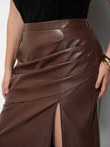 Maija Plus Size Fashion Street Style Ruched Front Slit PU Skirt Fall - Brown - View 2