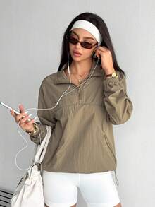 SHEIN Dewbera Women's Khaki Sports Jacket, Lightweight And Comfortable, Half-Zip Front With Small Stand Collar, Suitable For Daily Commute, Sports And Casual Wear, Fashionable And Versatile - Khaki - View 4