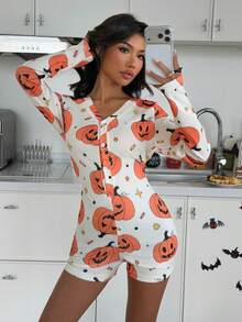 ZzzCrew Fun Halloween Cartoon Print One-Piece Pajamas - Apricot - View 3