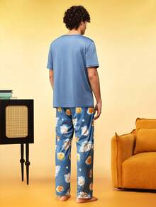 Notgurli GARFIELD | SHEIN Men's Cartoon Print Crew Neck Short Sleeve Top And Long Pants Loungewear Set - Blue - View 3