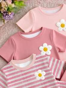 Baby Girl 3pcs -Piece Set Of Short-Sleeved Tee With Shorts Floral Decoration For Casual Everyday Wear - White - View 6