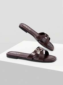 MOTF WOMEN'S SHOES COFFEE BROWN BUCKLE EMBELLISHED CROSS-BAND FLAT SLIPPERS - DAILY/BEACH CASUAL COMFORT SUMMER SANDALS - Coffee Brown - View 3