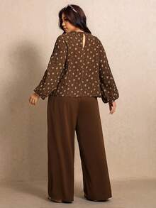 Elaquor Plus Size Women's All-Over Print Pleated Long Sleeve Top And Pants Casual 1920 Vintage Daily Vacation Going Out 2 Pieces Set Floral Summer Brown - Mocha Brown - View 3