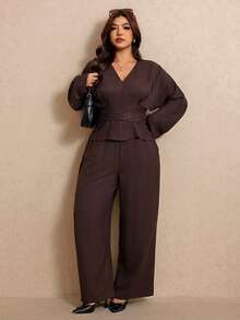 Elaquor Plus Size Women Solid Color V-Neck Long Sleeve Top And Pants Casual Everyday 2-Piece Set Fall/Winter Elegant Office Work Brown 2 Pieces Set For Women - Coffee Brown - View 6